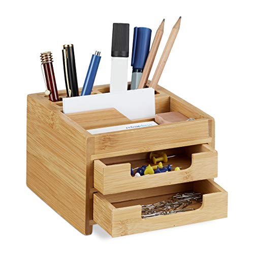 Relaxdays Schreibtisch Organizer Bambus, Stiftehalter Holz, Schreibtischbox Schubladen, HxBxT: 9,5 x 12,5 x 15 cm, natur von Relaxdays