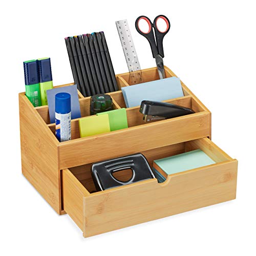 Relaxdays Schreibtisch Organizer mit Schubfach, 6 Fächer, Bambus, Aufbewahrungsbox Büro, HxBxT: 15 x 28 x 16,5 cm, Natur von Relaxdays