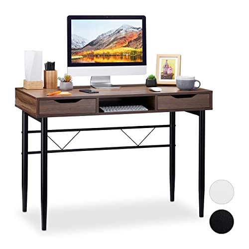 Relaxdays Schreibtisch mit Schubladen und Ablage, modern, Metallgestell, Büroschreibtisch HBT 77x110x55cm, braun-schwarz, PB, 77 x 110 x 55 cm von Relaxdays