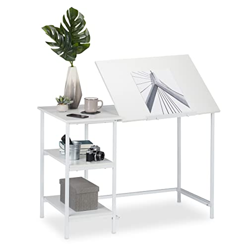 Relaxdays Schreibtisch neigbar, 3 Ablagen, mehrere Winkel, Computer- & Arbeitstisch, HxBxT: 75 x 110 x 55 cm, Weiß von Relaxdays