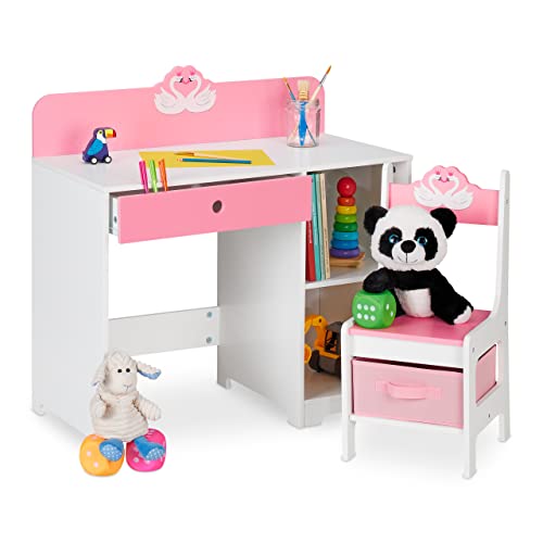 Relaxdays Schreibtisch und Stuhl für Kinder, Schublade & 2 offene Fächer, Schwan-Motiv, Kinderzimmermöbel, rosa/weiß von Relaxdays