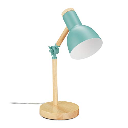 Relaxdays Schreibtischlampe, verstellbare Retro Tischlampe, Holz & Metall, E14, Leselampe, HxD 45,5 x 14,5 cm, mintgrün von Relaxdays