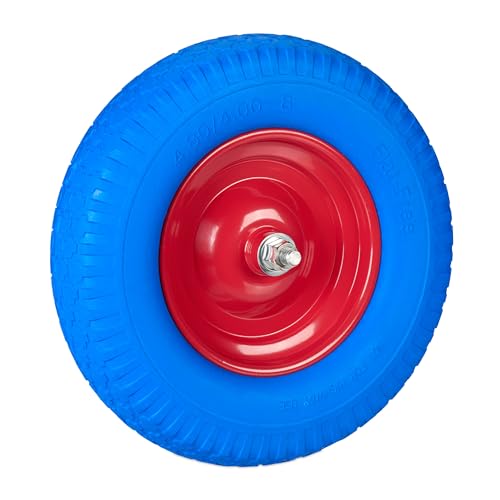 Relaxdays Schubkarrenrad 4.00-8, Vollgummi mit Achse, Ersatzrad Schubkarre, pannensicher, Traglast 100 kg, blau/rot von Relaxdays