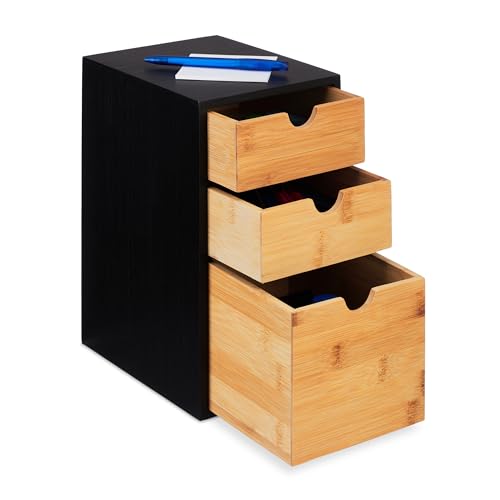 Relaxdays Schubladenbox, Bambus, 3 Schubladen, HxBxT: 28 x 17 x 21,5 cm, Schreibtisch Organizer, Büro, Natur/schwarz von Relaxdays