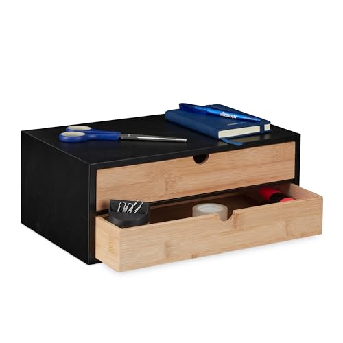 Relaxdays Schubladenbox, Bambus & MDF, Mini Kommode 2 Schubladen, HBT 14x33x21 cm, Schreibtisch Organizer, schwarz/Natur von Relaxdays