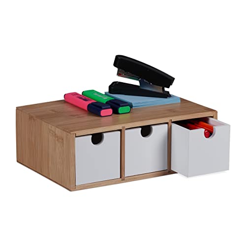 Relaxdays Schubladenbox, Bambus & MDF, Mini Kommode 3 Schubladen, HBT 9 x 26 x 18 cm, Schreibtisch Organizer, natur/weiß von Relaxdays