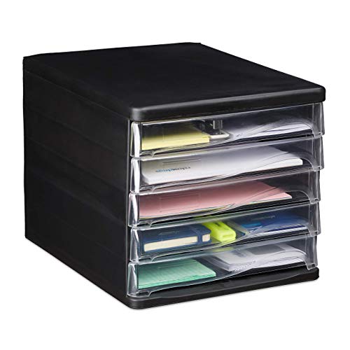 Relaxdays Schubladenbox zur Dokumentenablage, 5 Schubfächer, für Bürobedarf, DIN A4, Brief, HBT 24,5x26,5x34 cm, schwarz von Relaxdays