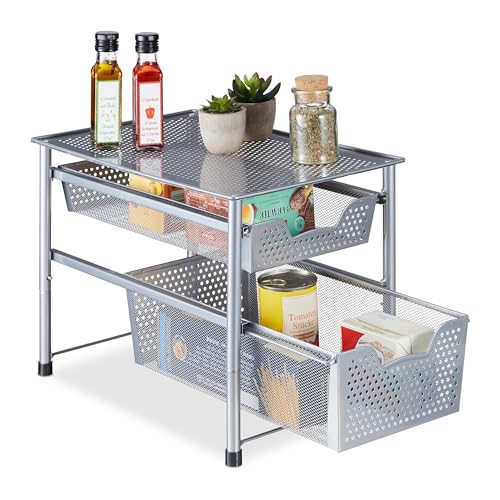 Relaxdays Schubladenregal, stapelbarer Büro Organizer, 2 Ausziehkörbe, HBT: 30x28x42,5 cm, Metall, Küche, Bad, Silber von Relaxdays