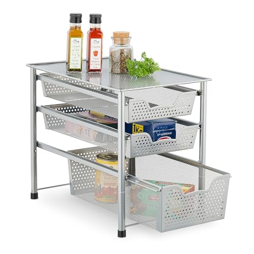 Relaxdays Schubladenregal, stapelbarer Büro Organizer, 3 Ausziehkörbe, Metall, Küche, Bad, HBT: 35x28x42,5 cm, Silber von Relaxdays