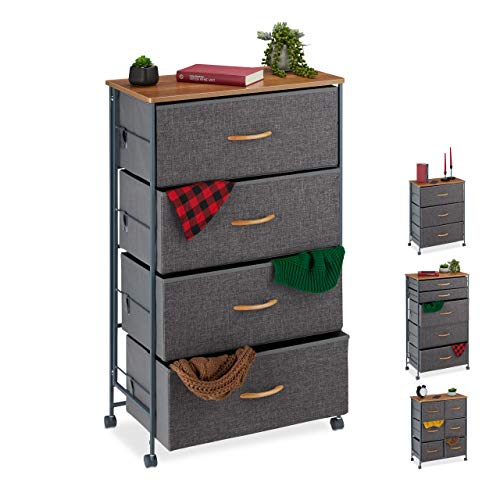 Relaxdays Schubladenschrank mit Rollen, 4 Stoff Schubladen, Deko Stoffschrank, Holzoptik, HBT 93 x 58 x 30 cm, grau von Relaxdays