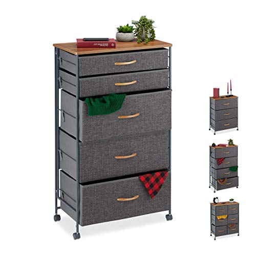 Relaxdays Schubladenschrank mit Rollen, 5 Stoff Schubladen, Deko Stoffschrank, Holzoptik, HBT 96,5 x 58 x 30 cm, grau von Relaxdays