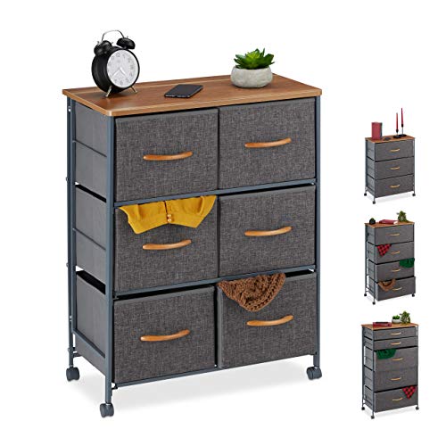 Relaxdays Schubladenschrank mit Rollen, 6 Stoff Schubladen, Deko Stoffschrank, Holzoptik, HBT 74,5 x 58 x 30 cm, grau von Relaxdays