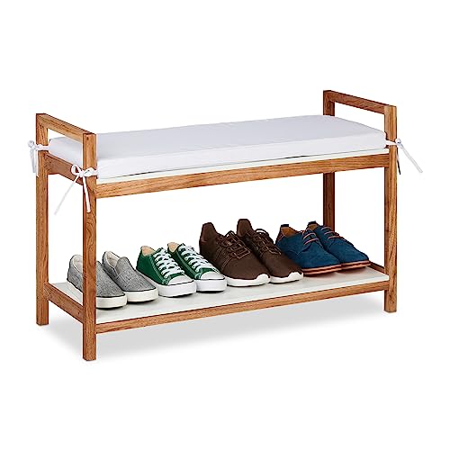 Relaxdays Schuhbank, Schuhregal mit Sitzfläche, abnehmbares Polster, HxBxT: 55 x 90 x 34 cm, Sitzbank Holz, Natur/weiß von Relaxdays