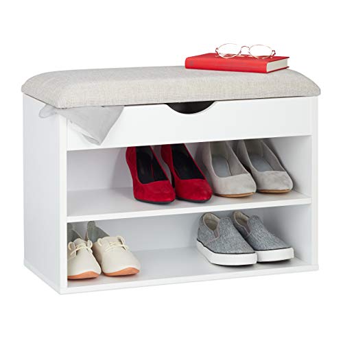 Relaxdays Schuhbank, gepolsterte Garderobenbank, 3 Fächer, aufklappbar, Schuhregal mit Sitzfläche, 45 x 62 x 30 cm, weiß, 1 Stück 10029598 von Relaxdays