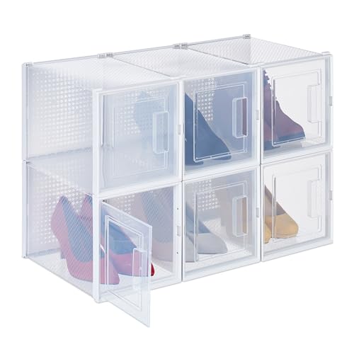 Relaxdays Schuhboxen 6er Set, für High Heels, Schuhorganizer stapelbar, bis Größe 42, Lüftungsschlitze, transparent/weiß von Relaxdays