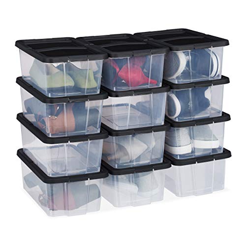 Relaxdays Schuhboxen Kunststoff, 12er Set, stapelbar, durchsichtige Aufbewahrungsbox mit Deckel, 12,5x20x34,5cm, schwarz von Relaxdays