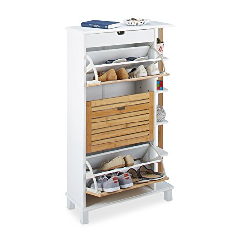 Relaxdays Schuhkipper für 12 Paar Schuhe, Schuhschrank mit Schublade und Bambus Klappdeckel, Schuhregal aus Holz, weiß von Relaxdays