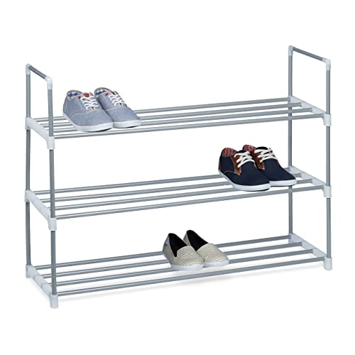 Relaxdays Schuhregal Stecksystem, 3 Ebenen, für 12 Paar Schuhe, HxBxT: 70 x 90 x 31 cm, Schuhständer Metall, silber/weiß von Relaxdays