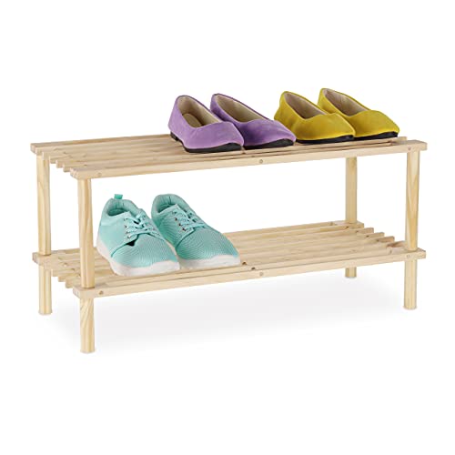 Relaxdays Schuhregal Holz, schmaler Schuhständer mit 2 Ebenen, bis zu 4 Paar Schuhe, H x B x T: 29,5 x 63 x 26 cm, Natur von Relaxdays