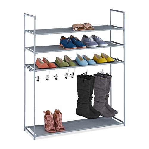 Relaxdays Schuhregal Stecksystem, 4 Ebenen, HBT: 119 x 100 x 30 cm, 7 Stiefelhaken, Schuhablage Metall & Stoff, grau von Relaxdays