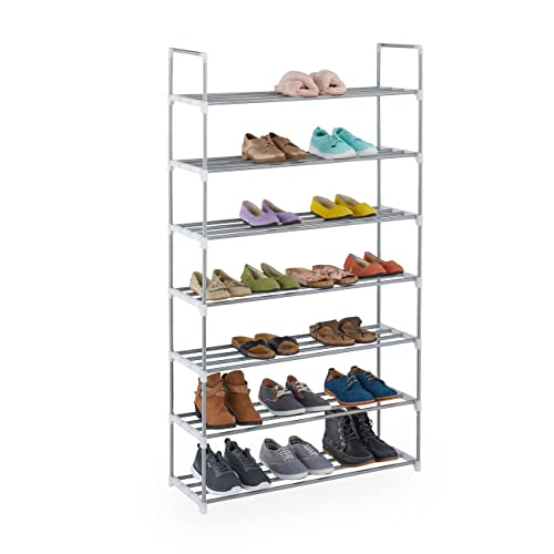 Relaxdays Schuhregal Stecksystem, 7 Ebenen, 28 Paar Schuhe, HxBxT: 160,5 x 90 x 31 cm, Schuhständer Metall, silber/weiß von Relaxdays
