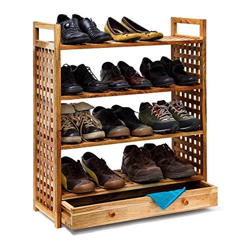 Relaxdays Schuhregal Walnuss H x B x T: 81 x 70 x 27 cm Schuhablage mit Schublade 4 Böden für je 3 Paar Schuhe Holz Schuhschrank mit Griffen zum Tragen und Schubfach zum Ausziehen, geölt, natur von Relaxdays