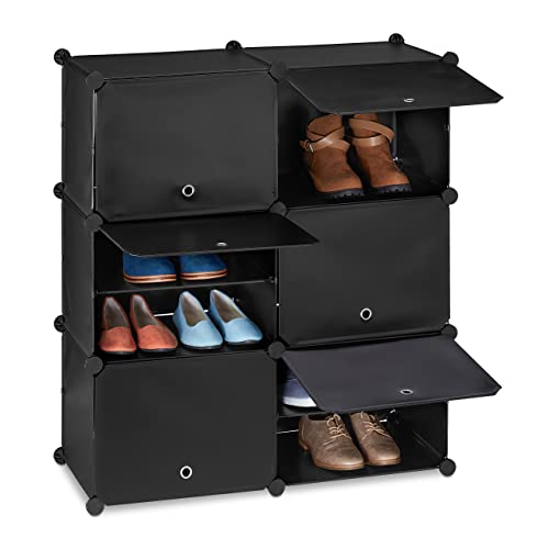 Relaxdays Schuhschrank, Steckschrank mit Türen, HxBxT: 95 x 85 x 31,5 cm, 12 Fächer, Regalsystem aus Kunststoff, schwarz von Relaxdays