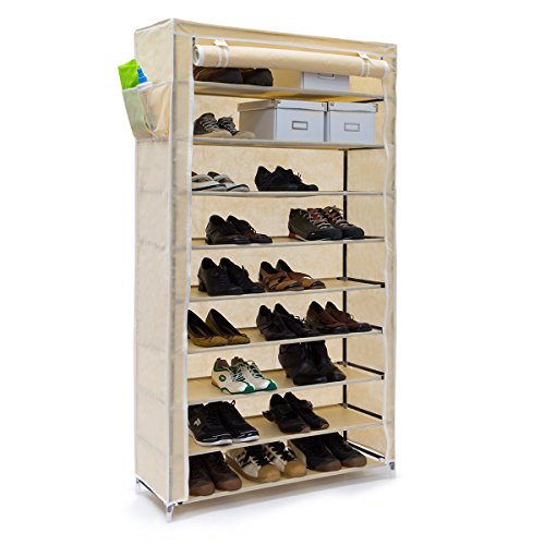 Relaxdays Schuhschrank VALENTIN hoch H x B x T: 161 x 88 x 30 cm Schuhregal mit Stoffbezug und 10 Ablagen Stoffschrank mit Reißverschluss für staubfreie Lagerung Schuhständer für 45 Paar Schuhe, beige von Relaxdays