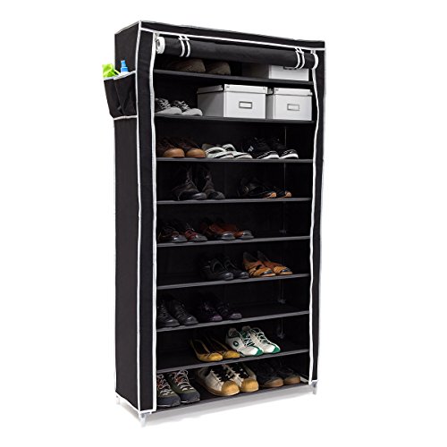Relaxdays Schuhschrank VALENTIN hoch HxBxT: 161 x 88 x 30 cm Schuhregal mit Stoffbezug und 10 Ablagen Stoffschrank mit Reißverschluss für staubfreie Lagerung Schuhständer für 45 Paar Schuhe, schwarz von Relaxdays