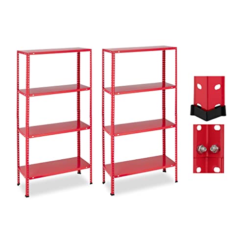 Relaxdays Schwerlastregal, 2er Set, Traglast 160 kg, 4 Ebenen, HBT 147,5x75,5x30,5 cm, Keller & Garage, Metallregal, rot von Relaxdays