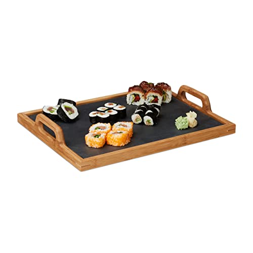 Relaxdays Serviertablett, Schieferplatte, 2 Henkel, Schiefer, Deko Accessoire, Küche, H x B x T: 6 x 40,5 x 32 cm, natur von Relaxdays