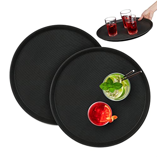 Relaxdays Serviertablett 2er Set, rund Ø 40 cm, Bartablett, rutschfeste Oberfläche, Kellnertablett Gastronomie, schwarz von Relaxdays