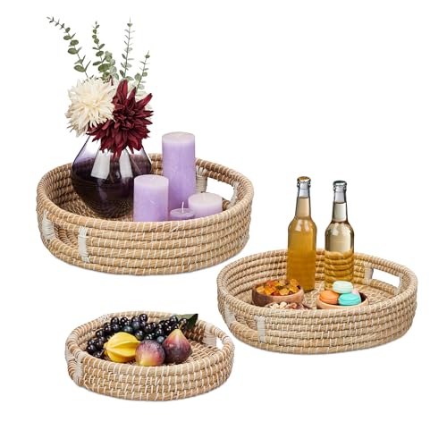 Relaxdays Serviertablett 3er Set, Esstablett mit Griffen, geflochtenes Tragetablett aus Seegras, hoher Rand, rund, Natur von Relaxdays