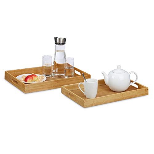 Relaxdays Serviertablett Bambus 2er-Set, erhöhter Rand, Grifflöcher, 45 x 42 cm breit, natur von Relaxdays