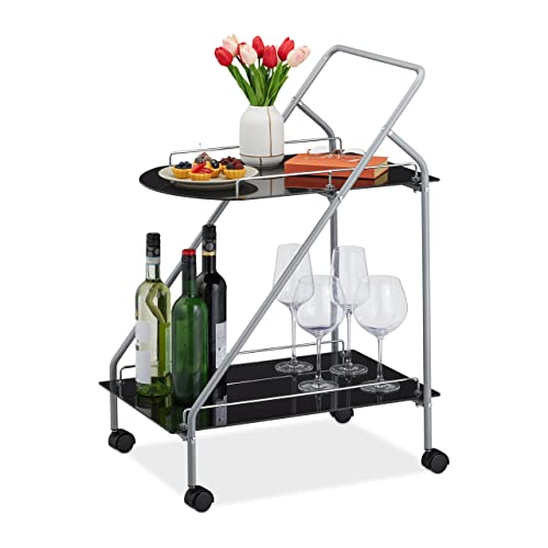 Relaxdays Servierwagen, 2 Ablagen, drehbare Rollen, HxBxT: 84 x 45 x 60 cm, moderner Rollwagen, Glas & Metall, schwarz von Relaxdays