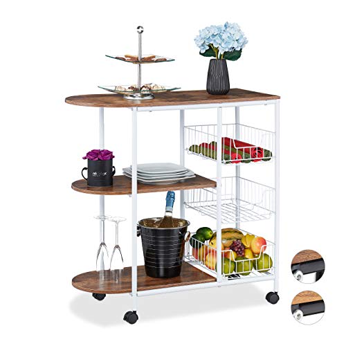Relaxdays Servierwagen, Küchenwagen mit 3 Ablagen & 3 Körben, Industrial, Metall & MDF, HBT: 84 x 83 x 37 cm, weiß/braun, 1 Stück, Design B von Relaxdays