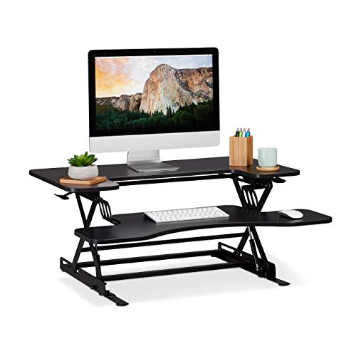 Relaxdays Sitz-Steh-Schreibtisch, mit breiter Tastaturablage, manuell höhenverstellbar, ergonomisch fürs Büro, schwarz, Eisen, B x T: ca. 90 x 74 cm von Relaxdays