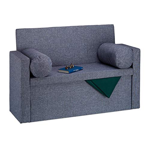 Relaxdays Sitzbank mit Lehne, 2 Kissenrollen, faltbar, Aufbewahrung, gepolstert, Flur, Sitztruhe 47 x 115 x 75 cm, Grau von Relaxdays