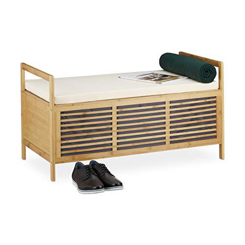 Relaxdays Sitzbank mit Stauraum, Aufbewahrungsbox m. Sitzkissen f. Flur, Bambus Truhe L HxBxT: 50 x 93 x 48 cm, natur von Relaxdays