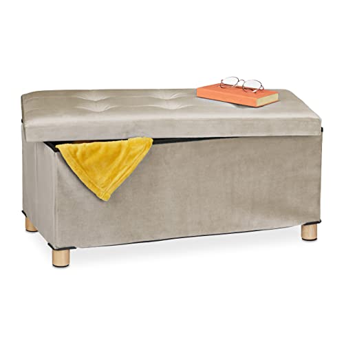 Relaxdays Sitzbank mit Stauraum, Polster, Samtbezug, Holzfüße, bis 120 kg, faltbar, Sitztruhe HBT: 34x76x38 cm, Creme von Relaxdays