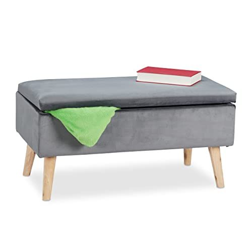 Relaxdays Sitzbank mit Stauraum, Samtbezug, 40 L, gepolstert, Holzbeine, Flur, 2er Truhenbank, 41x80x40 cm, dunkelgrau von Relaxdays