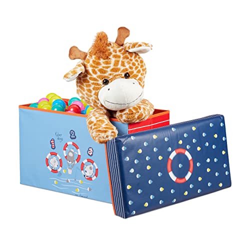 Relaxdays Sitzbox Kinder, Faltbare Aufbewahrungsbox mit Stauraum, Deckel, Motiv Meer, Jungen & Mädchen, 50 Liter, blau, Sea Life von Relaxdays