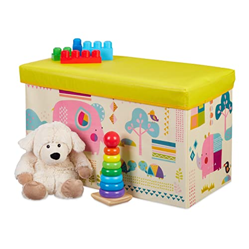 Relaxdays Sitzbox Kinder, Faltbare Aufbewahrungsbox mit Stauraum, Deckel, Motiv Tiere, Jungen & Mädchen, 50 Liter, gelb von Relaxdays