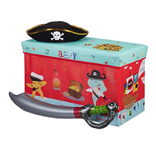 Relaxdays Sitzbox Kinder, Faltbare Aufbewahrungsbox mit Stauraum, Deckel, Piratenmotiv, Jungen & Mädchen, 50 Liter, rot, 10025726_1177 von Relaxdays