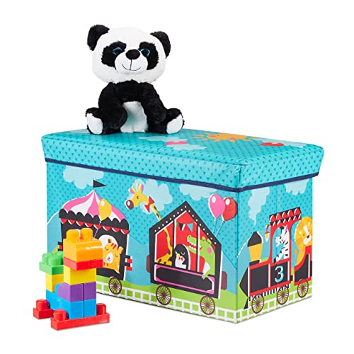 Relaxdays, Circus Sitzbox Kinder, Faltbare Aufbewahrungsbox mit Stauraum, Deckel, Zirkus Motiv, Jungen & Mädchen, 50 l, türkis, Polyester, Pappe. MDF von Relaxdays