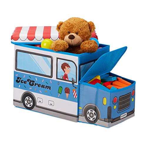 Relaxdays Sitzbox Kinder, Staubox mit Deckel, Spielzeug, faltbar, Eiswagen, Stauraum, Jungen & Mädchen, 50 Liter, blau von Relaxdays