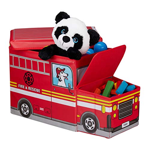 Relaxdays Sitzbox Kinder, Staubox mit Deckel, Spielzeug, faltbar, Feuerwehrauto, Stauraum, Jungen & Mädchen, 50 l, rot, H x B x T: ca. 33 x 27 x 56 cm von Relaxdays