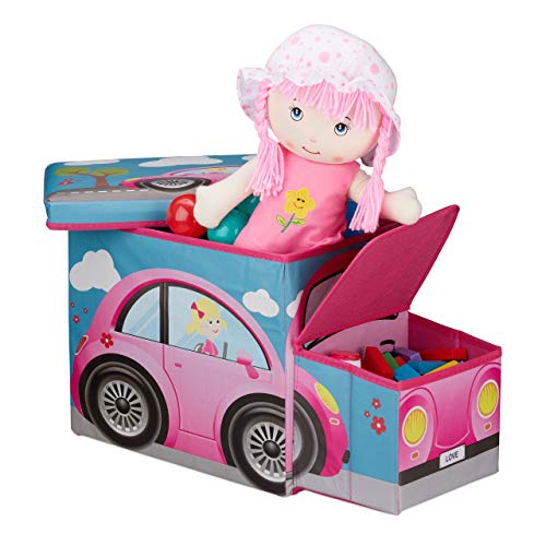 Relaxdays Sitzbox Kinder, Staubox mit Deckel, Spielzeug, faltbar, Motiv Auto, Stauraum, Jungen & Mädchen, 50 Liter, pink, H x B x T: ca. 33 x 27 x 56 cm von Relaxdays