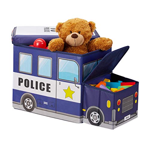 Relaxdays Sitzbox Kinder, Staubox mit Deckel, Spielzeug, faltbar, Polizei, Stauraum, Jungen & Mädchen, 50 l, dunkelblau von Relaxdays