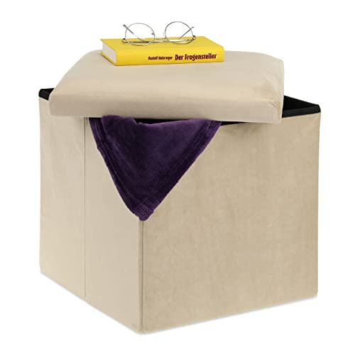 Relaxdays Sitzhocker, Sitzwürfel mit Stauraum, HBT: 38 x 38 x 38 cm, faltbar, Aufbewahrungshocker aus MDF & Samt, Creme von Relaxdays